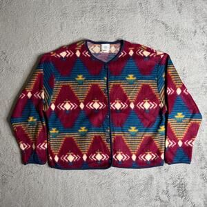 Vintage DAVID WAYNE Aztec Fleece Shacket Cardigan Womens L Red 80s Southwestern